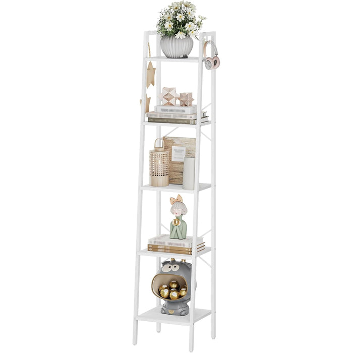 Ladder Shelf, Bookshelf Bookcase, Freestanding Corner Storage Shelve with 2 Hooks for Home Office, Living Room, Kitchen, Bedroom, Industrial, 5-Tier White BC03213W