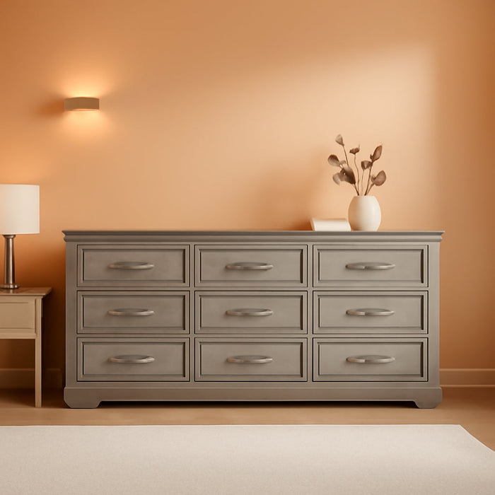 9 Drawer Dresser for Bedroom, 63" Wide Wooden Chest of Drawers, Rustic Farmhouse Dresser with Large Drawers & Metal Handles, Modern Storage Organizer for Closet, Living Room, Hallway, Grey