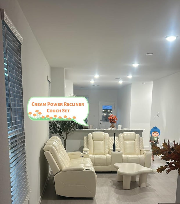 Power Recliner Sofa Set with LED, Leather Reclining Sofa Set, Living Room Furniture Set with USB Charging (Cream White Upgraded Version Total of 8 Cup Holders)