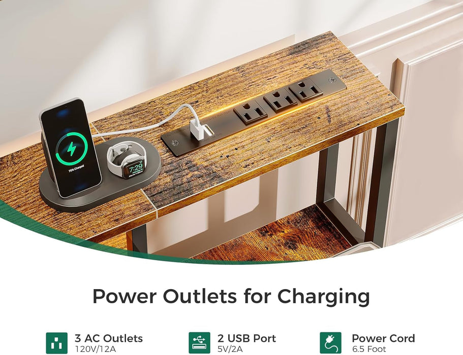 48-Inch Computer Desk with Fabric File Cabinet and Fabric Drawers, Reversible Office Desk with LED Strip and Power Strip, Gaming Desk with Monitor Riser, Writing/Study Table for Home, Vintage