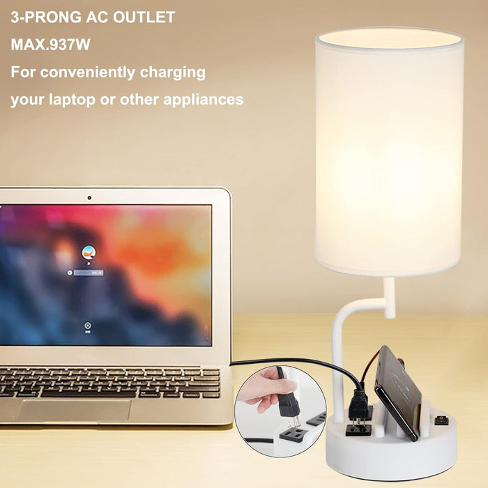 Table Lamp with 3 USB Charging Ports, Modern Desk Lamp with AC Outlet and Phone Stands, Perfect Bedside Lamp for Bedroom, Living Room, Office (Pack of 2), White