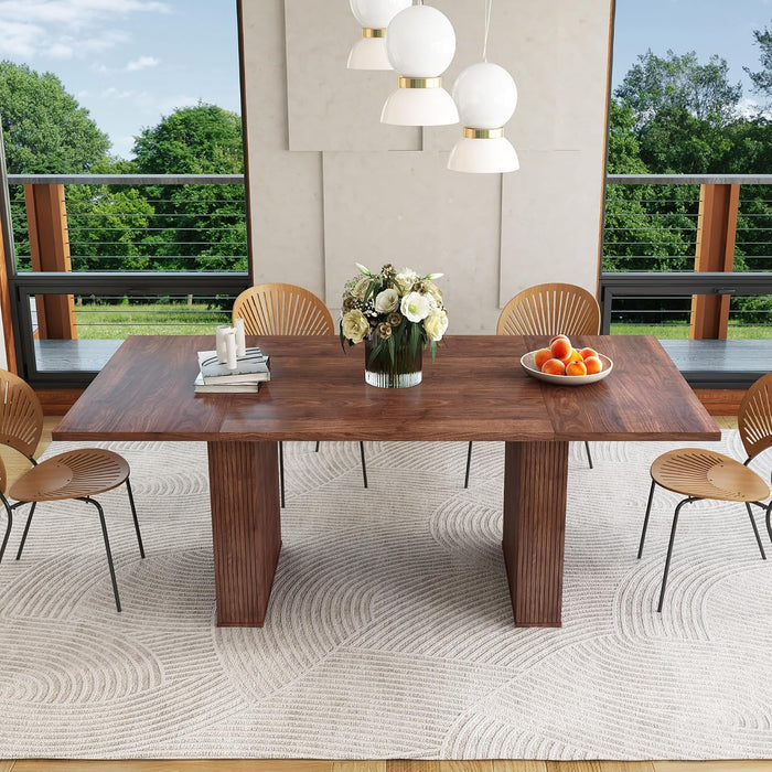 78 Inch Rectangular Dining Table for 6 to 10, Farmhouse Fluted Dining Kitchen Table, Modern Wood Long Dining Table for Kitchen Living Room, Walnut