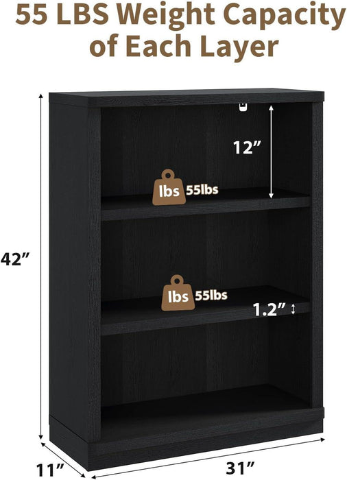3 -Tier Bookcase and Book Shelf, 31” Wide Bookshelves, Wooden Bookcase Display Storage for Home Office, Living Room and Study Room (Black)