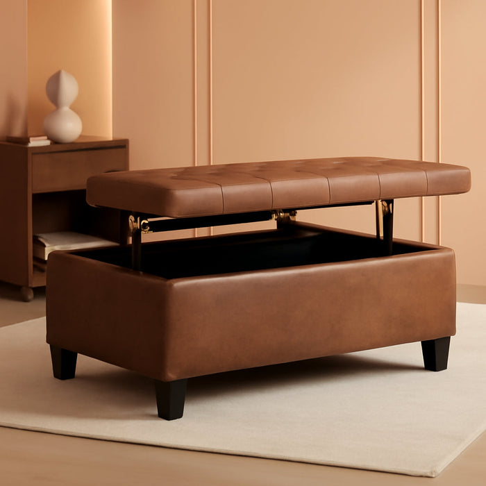 Harrison Large Coffee Table Storage Ottoman - 40 Inch Wide Upholstered Vegan Leather Square Lift-Top Ottoman in Distressed Saddle Brown, Transitional Bench for Living Room with Sturdy Base