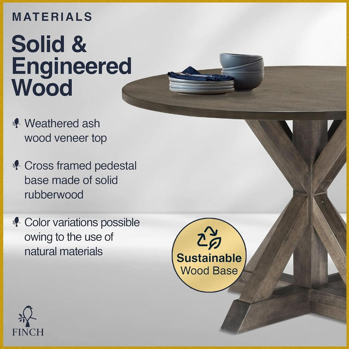 Alfred round Solid Wood Rustic Dining Table for Farmhouse Kitchen Room Decor, Wooden Trestle Pedestal Base, 46.5" Wide Circular Tabletop, Distressed Brown