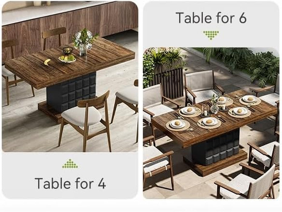 63" Modern Dining Table, Rectangular Dinner Table for 4-6, Farmhouse Kitchen Table, Sturdy Wood Pedestal Base for Kitchen/Dining Room, Rustic Brown & Black