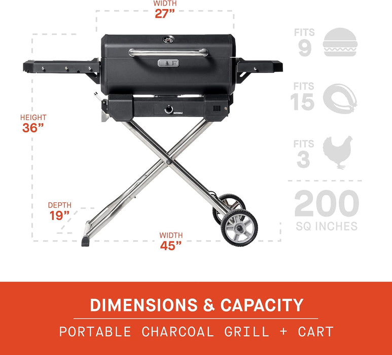 ® Electric Portable Charcoal Grill and Smoker with Steadytemp Analog Temperature Control, Collapsible Cart and 200 Cooking Square Inches in Black, Model MB20040722