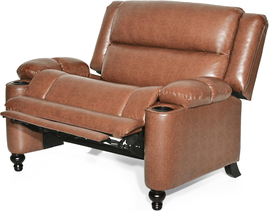 Carlo Oversized Manual Recliner Chair with Cup Holder, Faux Leather Recliner Sofa, Modern Reclining Accent Chair, Sturdy Wooden Frame, Brown