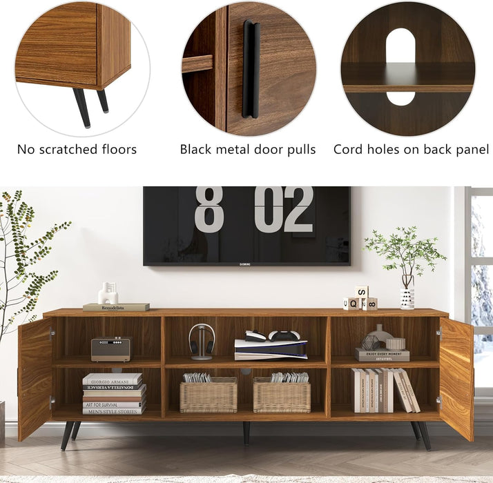70 Inch Mid Century Modern TV Stand for 75 Inch TV, Wood TV Stand with Storage, Entertainment Center for Living Room Bedroom, TV Media Console, Walnut