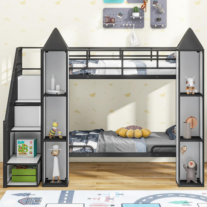 Twin over Twin Metal Bunk Bed with Stairs and Storage Wardrobe, Castle-Shaped Bunk Bed Heavy-Duty Steel Frame, Noise Free,For Kids Teens Adults, Black+White