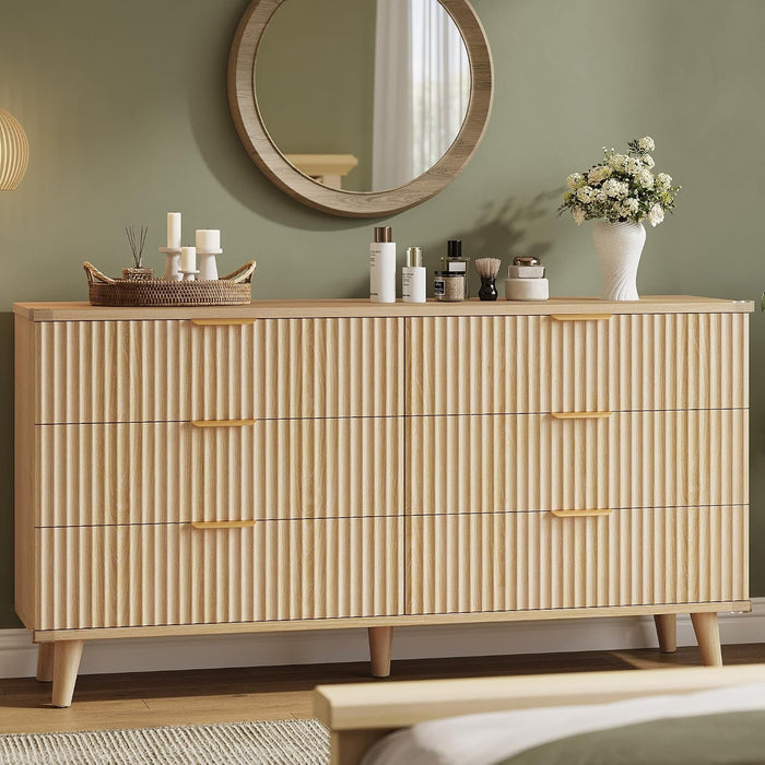 Wood 6 Drawers Dresser, 53.2" W Fluted Modern Dressers for Bedroom