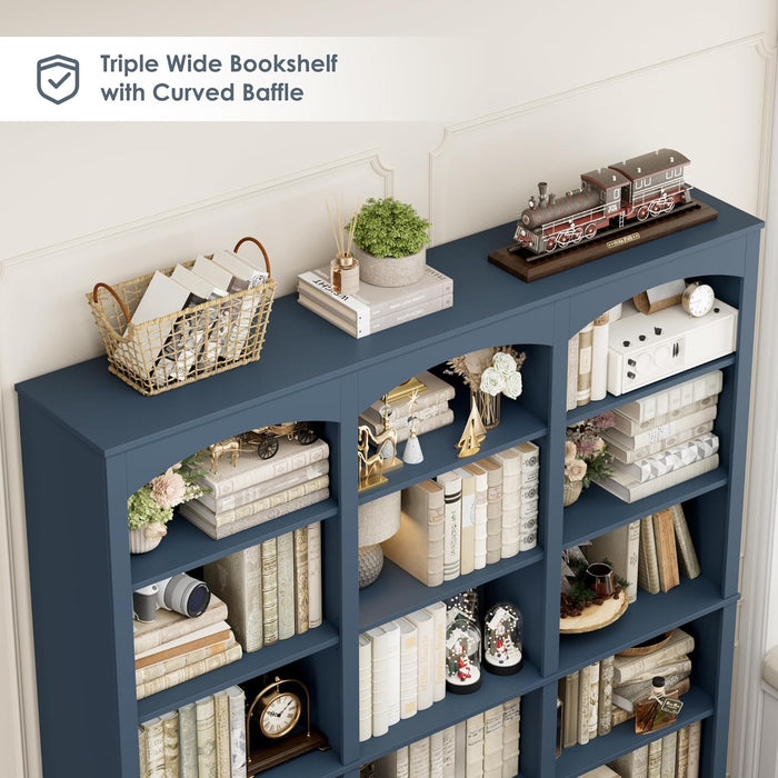 71" Triple Wide Bookshelf, 6 Tier Tall Bookshelf, Large Arched Bookcase with Curved Baffle, 63.4" Wide Book Shelf with 18 Open Display Shelves for Living Room, Study, Blue