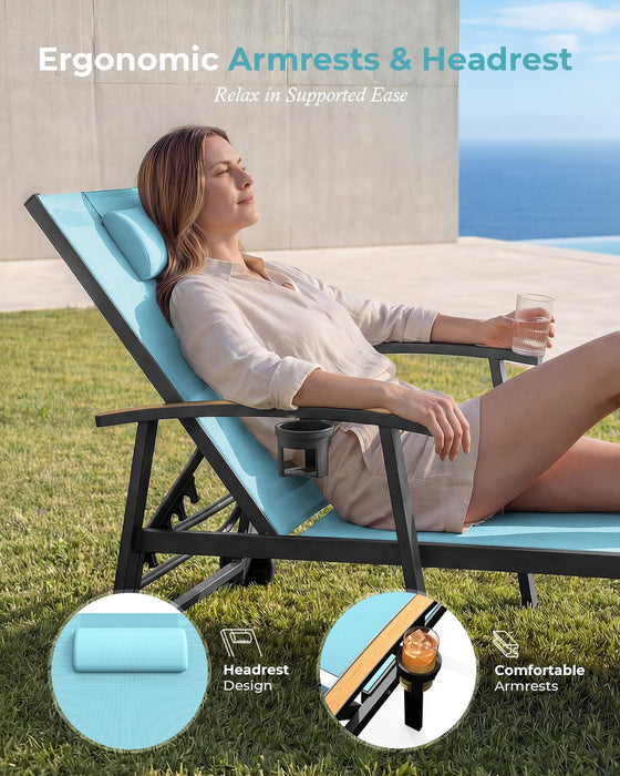 Outdoor Lounge Chair with Pillow, 5-Position Chaise Lounge with Wheels & Armrests, 400 Lbs Heavy Duty Aluminum Pool Lounger for Beach, Deck, Backyard & Poolside, Lake Blue