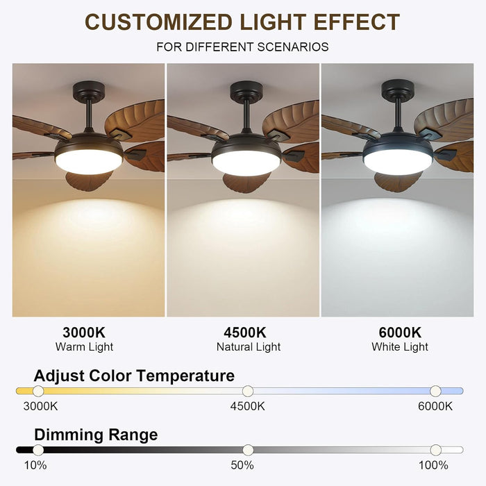 52 Inch Tropical Ceiling Fans with Lights and Remote,Outdoor Palm Leaf Ceiling Fan for Patios Porch Bedroom, Dimmable, 6 Speeds, Reversible, Dark Brown