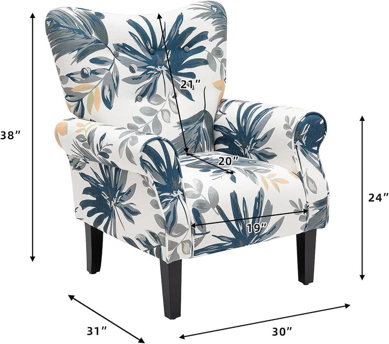 Modern Accent Chair,High Back Armchair,Upholstered Fabric Button Single Sofa with Wooden Legs for Living Room,Bedroom,Blue Leaves
