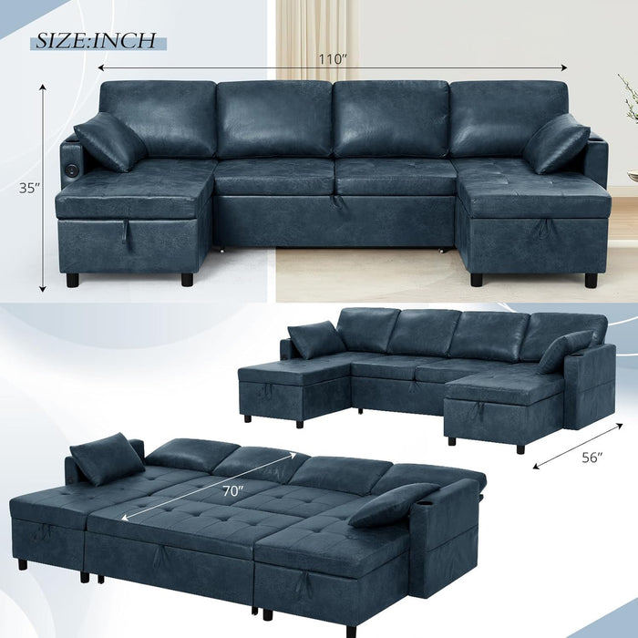 Blue Genuine Suede Leather 110Inch Sectional Sleeper