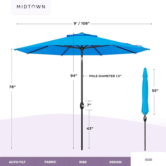 - 10-Year-No-Fade 9 Ft Patio Umbrella with Terylast Fabric, Auto-Tilt Aluminum Frame and 8 Reinforced Ribs for Deck, Pool, Garden & Beach - Cobalt Blue Canopy, Black Pole