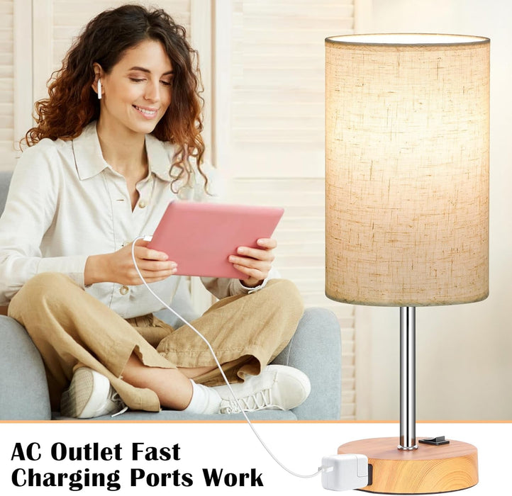 Table Lamp for Bedroom Set of 2, Bedside Small Lamps with 3 Way Dimmable Rocker Switch & AC Outlet, Nightstand Desk Lamp with Flaxen Fabric Shade Woodgrain Base for Living Room Home Decor Lights