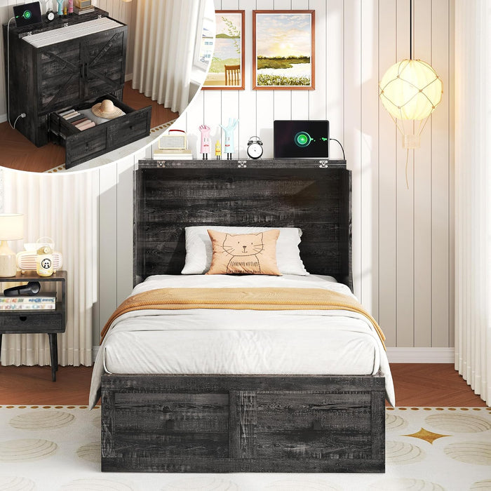 Twin Murphy Bed with Built-In Charging Station and Storage Drawer, Farmhouse Foldable Cabinet Bed for Guest Room, Apartment or Home Office, Black Oak