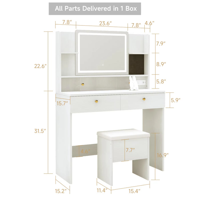 Vanity Desk Chair W/ Mirror＆Lights,Dressers,2 Drawers Storage Bench,White Makeup Table,3 Light Modes for Bedroom Dressing Room