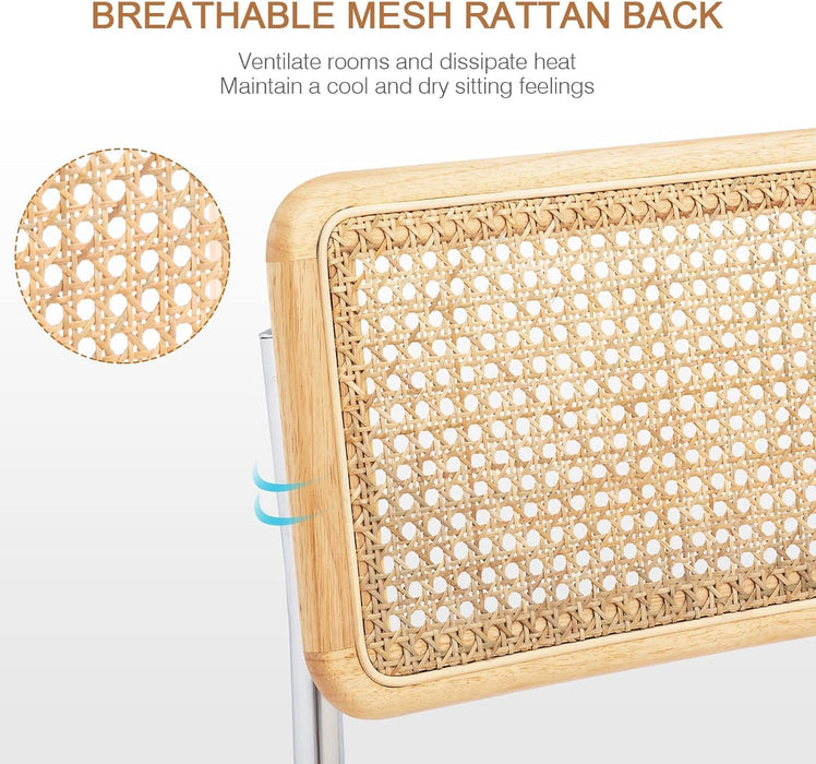 Natural Rattan Bar Stools Set of 2, Modern Counter Height Stools with Solid Wood Back, 26'' Counter Height Chairs, Mid Century Cantilevered Bar Chairs for Kitchen Island, Faux Leather Brown