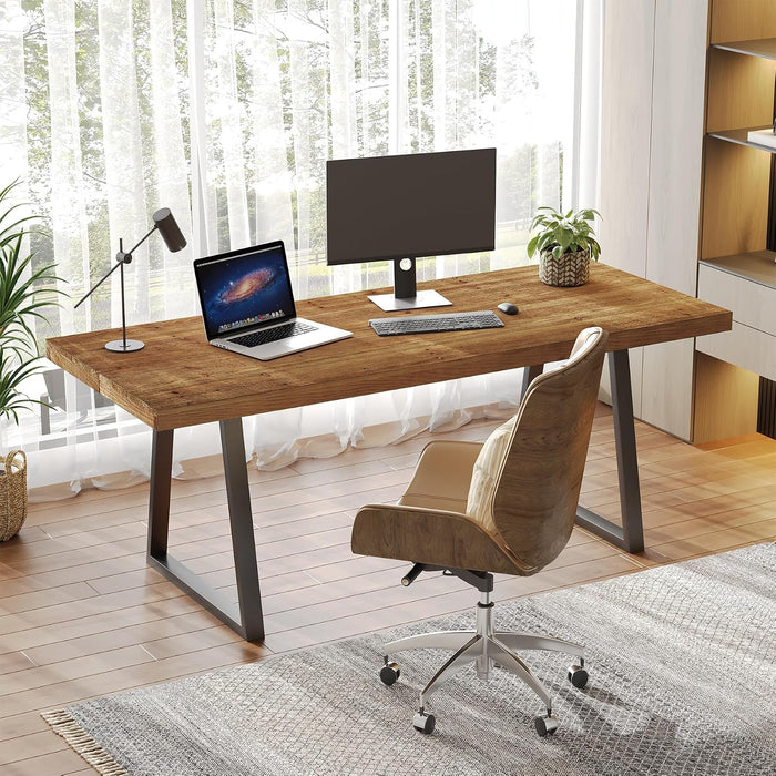 63" Industrial Executive Desk, Solid Wood Computer Laptop Desk with Strong Metal Legs, Study Writing Table Business Workstation for Home Office, Small Conference Table