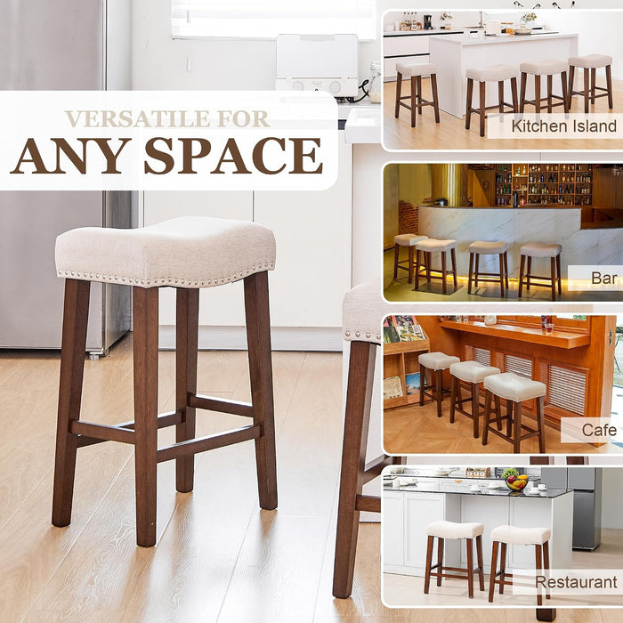 26 Inch Solid Wood Saddle Backless Bar Stools Set of 3, Beige | Counter Height Barstools with Footrest & Nailhead Trim, Modern Farmhouse Upholstered Linen Counter Stools for Kitchen Island