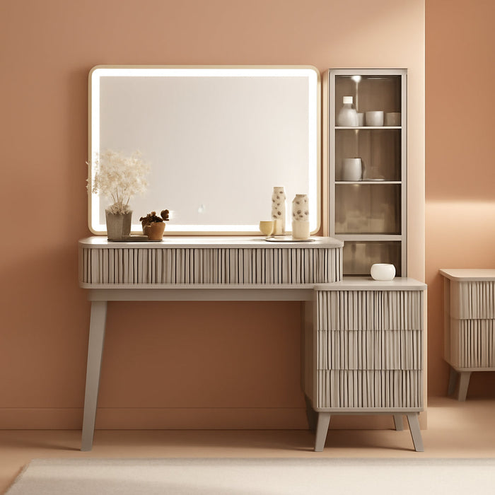 48" Fluted Makeup Vanity Desk with Large 36" Mirror and Lights, Modern Glass Top Big Vanity Table W/5 Drawers & Adjustable Shelves, Dressing Table W/Charging Station for Bedroom, White Alder