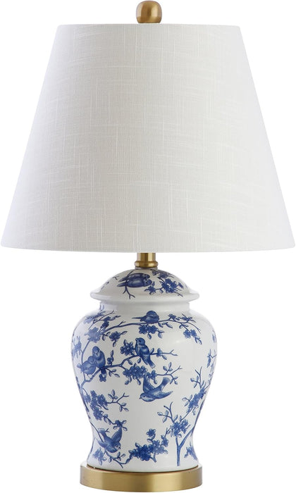 22" Blue/White Ceramic Table Lamp, French Country Chinoiserie Ginger Jar LED Bedside Lamp for Living Room Bedroom, White Linen Shade, JYL3005A