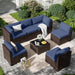 7 Pieces Patio Furniture Set, Outdoor Furniture Sectional Rattan Sofa with Slanted Back, Patio Couch with Glass Coffee Table for Backyard Garden Navy Blue (Waterproof Cover)
