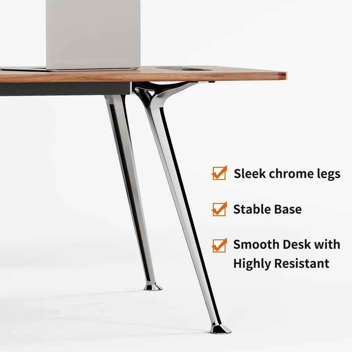 Writing Computer Desk, 60-Inch Large Executive Desk Office Workstation with Chrome-Plated Legs and Built-In Power Outlet, Writing Table Business Furniture, Modern Minimalist Style for Home Office