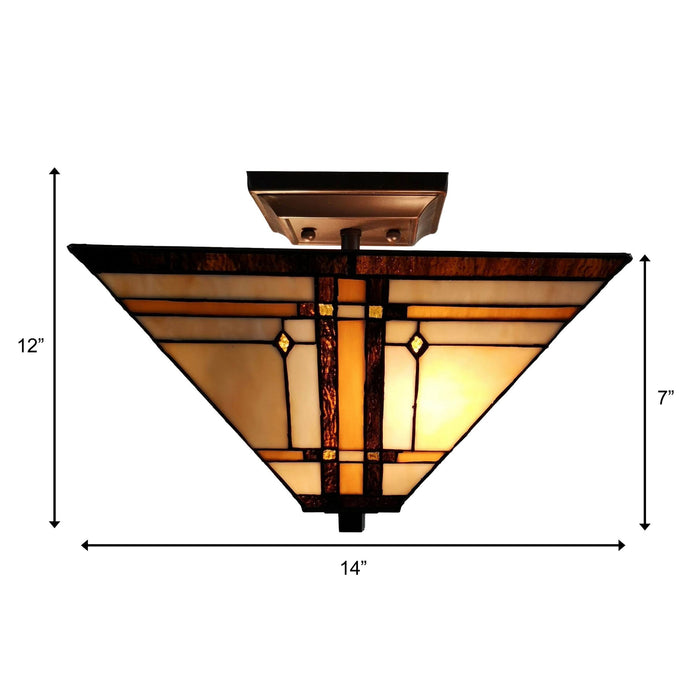 14 In. Tiffany-Style Mission 2-Light Semi-Flush Ceiling Fixture, Multi Color