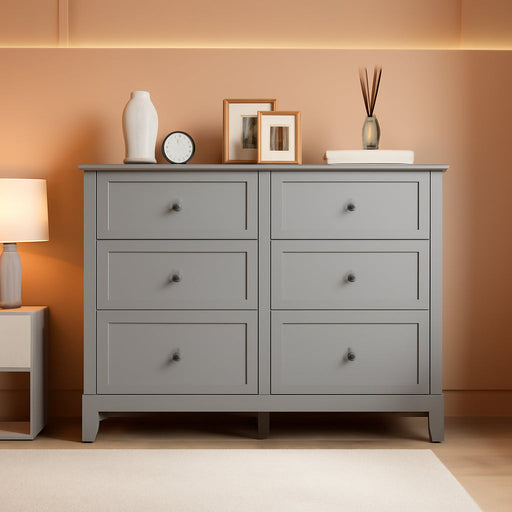 Grey 6 Drawer Dresser for Bedroom, Simply Modern Chest of Drawers, Wood Storage Double Dresser with Deep Drawers for Living Room, Hallway Entryway