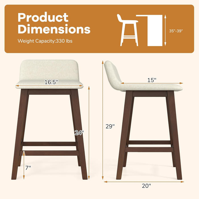 24" Bar Stools Set of 2, Upholstered Counter Height Barstools with Low Back, Footrest, Armless Wood Bar Chairs for Kitchen Island, Dining Room, Brown & Beige