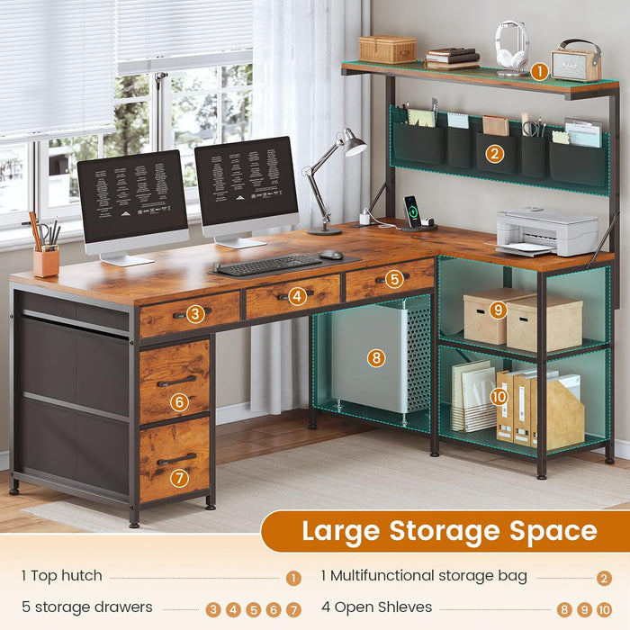 L Shaped Desk with Drawers and Hutch, 47.2" Reversible Office Computer Desk with 5 Fabric Drawers, L Shaped Desk with Storage Shelves, Power Outlet and LED Lights for Home Office, Rustic Brown