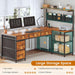 L Shaped Desk with Drawers and Hutch, 47.2" Reversible Office Computer Desk with 5 Fabric Drawers, L Shaped Desk with Storage Shelves, Power Outlet and LED Lights for Home Office, Rustic Brown
