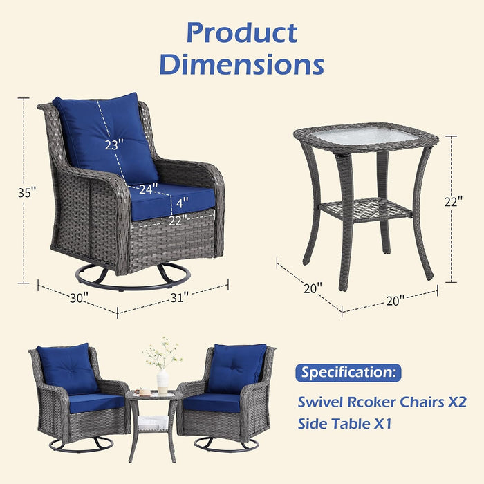 Patio Furniture Sets, 3 Pieces Wicker Outdoor Furniture - 360 Degree Swivel Rocking Chairs and Rattan Side Table for Garden,Porch,Backyard (Grey Wicker/Blue Cushion, 3PCS - Swivel Chairs)