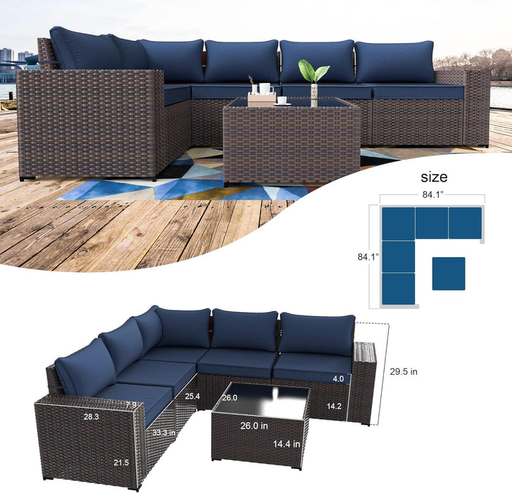 6PCS Outdoor Patio Furniture Set PE Wicker Rattan Sectional Sofa Patio Conversation Sets,Navy Blue