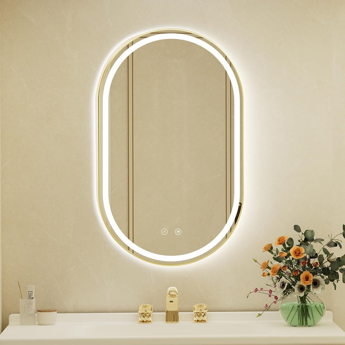 24X40 Inch Oval Gold Framed LED Bathroom Mirror with Lights, Wall-Mounted Mirror with Anti-Fog, 3 Color Temperature, Dimmable Brightness, Waterproof, Tempered Glass, Frontlit & Backlit