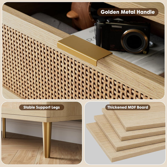 Rattan 9 Drawer Dressers for Bedroom, Tall Dresser with Deep Drawers, Large Chest of Drawers for Closet with Wide Top, Long Wooden Dresser for Living Room, Hallway, Kids Room, Natural
