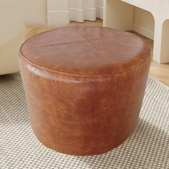 Faux Leather Pouf Cover,Unstuffed Pouf Ottoman Round,Φ19.7X13.7 Mid-Century Moroccan Large Floor Storage Foot Rest Bean Bag for Living Room Bedroom,Brown