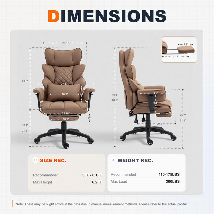 Big and Tall Office Chair with Pocket Spring Cushion,High Back Computer Gaming Chairs with Adjustable Armrests,Executive Desk Chairs with Lumbar Support and Footrest,Pu-Brown