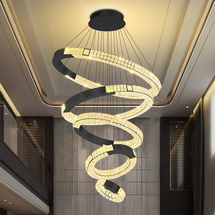 5 Ring Large Black Chandeliers Luxury Modern Crystal Chandelier Lighting, High Ceiling Chandelier for Foyer Staircase D12''+20''+27.5''+35''+43''