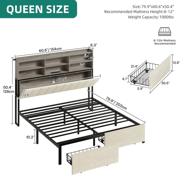 Queen Bed Frame with 2-Tier Storage Shelves and Bookcase Headboard,Led Light Queen Size Bed with Charging Station, No Box Spring Needed/Noise Free, Beige