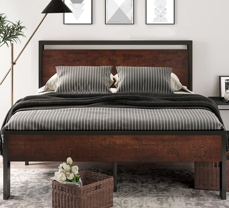 14 Inch King Size Metal Platform Bed Frame with Wooden Headboard and Footboard, Mattress Foundation, No Box Spring Needed, Large under Bed Storage, Mahogany