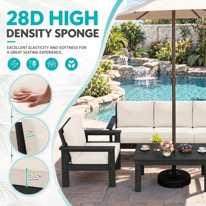 7-Piece HDPE Outdoor Patio Furniture Set with Cushions for Backyard, Porch and Poolside,Black Frame with Khaki Cushion