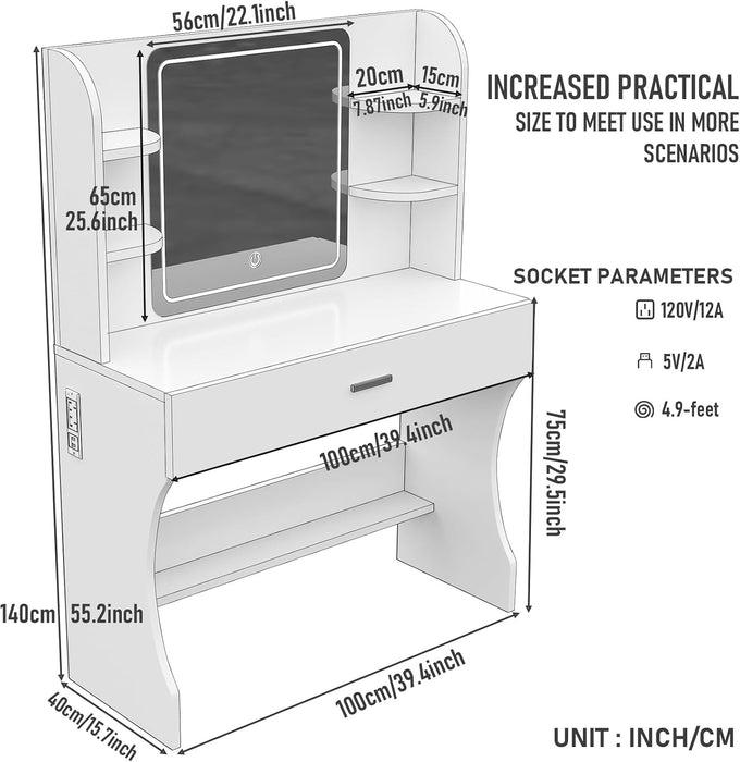 White Makeup Vanity Desk Featuring Illuminated Mirror