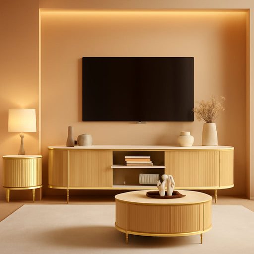 4-Piece Luxury Living Room Table Set, Includes 70" Fluted TV Stand, Fluted Coffee Table and Fluted Nightstand Set of 2 with Storage Drawers, Wood