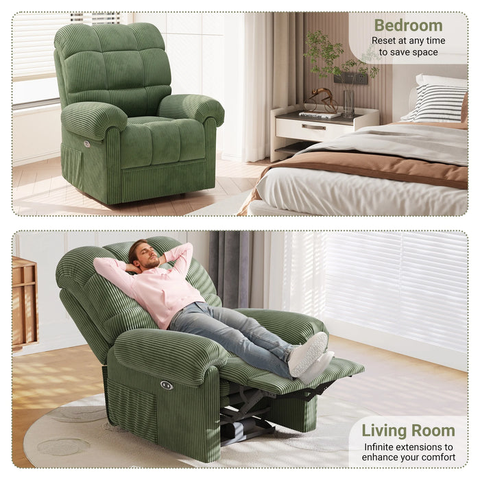 Recliner,Corduroy Electric Recline Chair for Adults Sofa with USB Port,Comfy Corduroy Adjustable Cloud Sofa,Tool-Free Setup,Green