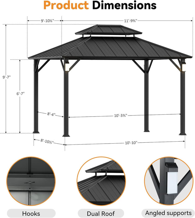 Modern Shade the Horizon Hardtop Gazebo 10' X 12' with 4 LED Lights, Permanent Outdoor Gazebo with Galvanized Steel Double Roof, Grill Pavilion with Decor Hooks, Mosquito Nettings, Black
